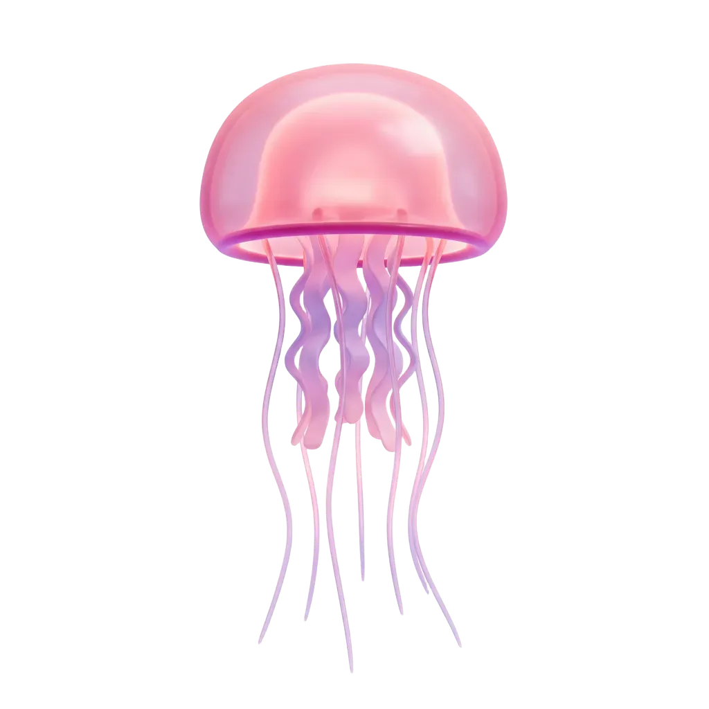 A pink jellyfish with a bell cap and stinging tentacles